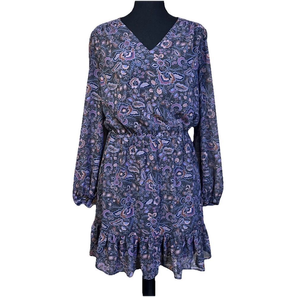 EVEREVE Women Olympia Dress Floral Paisley Long Sleeve Chiffon Mini Size Medium